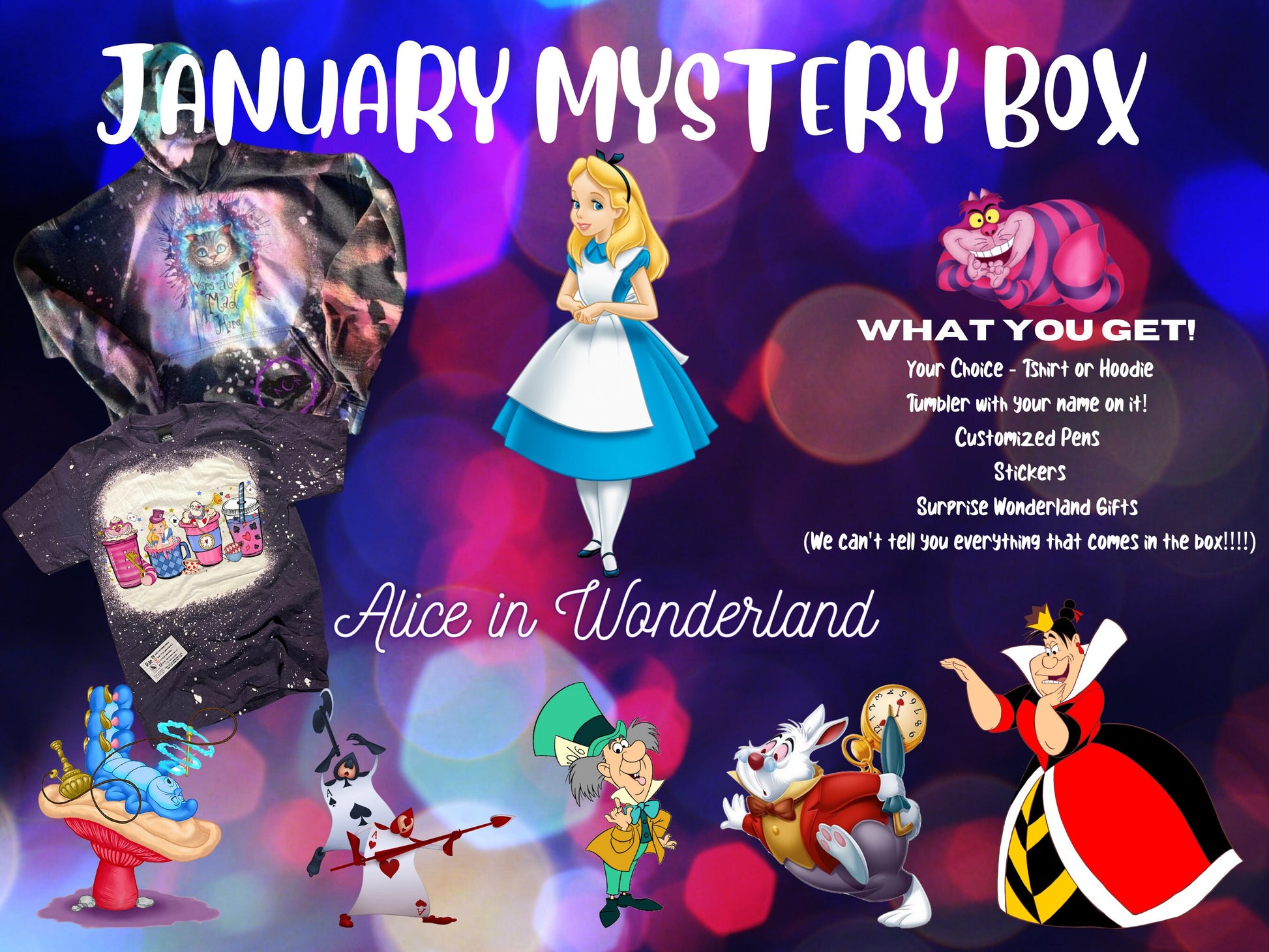 MYSTERY BOX | Alice | Wonderland Box | Chesire Tumbler | Hoodie | Gift | Surprise | Keychain | Gift Box | Custom Gift | Chesire | The Queen